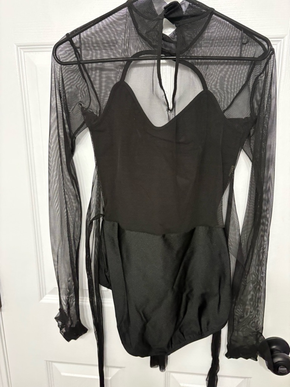 Black Mesh Halter Bodysuit with Long Sleeves